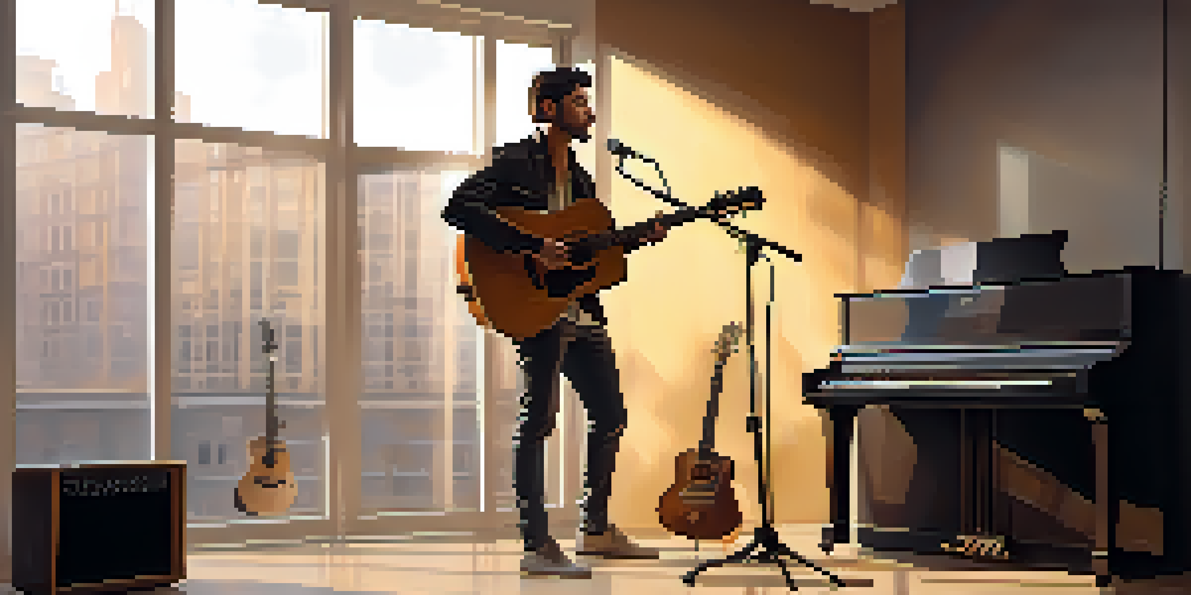 A confident musician in a modern studio holding an acoustic guitar, with warm golden lighting and a stylish outfit.