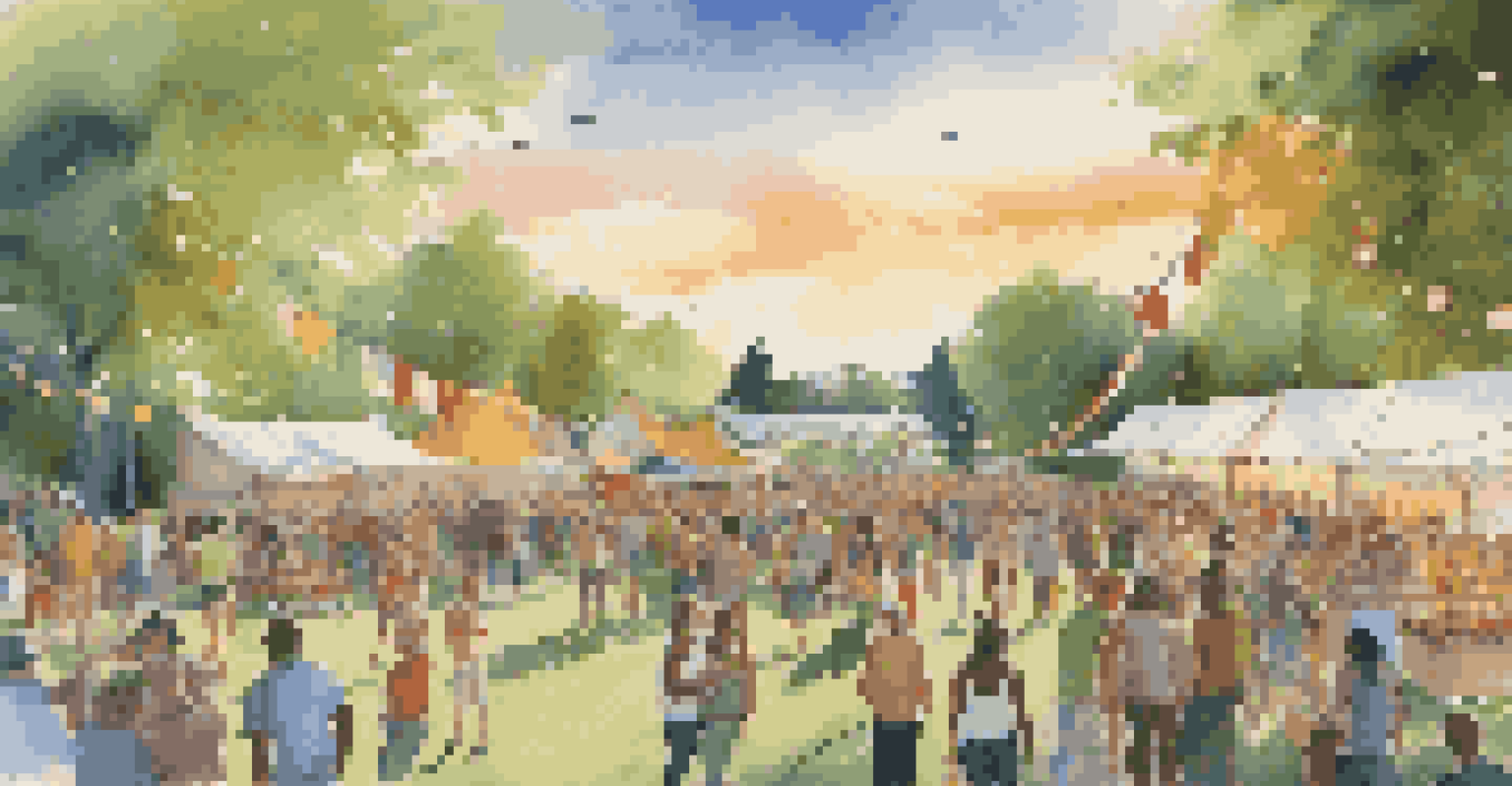 A lively music festival in a green park with diverse crowds dancing and enjoying performances, set against a warm sunset.
