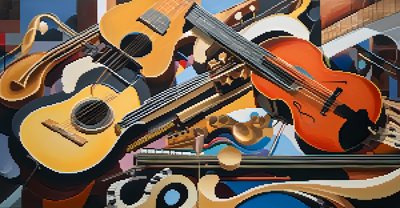 An abstract artwork depicting intertwined musical notes and instruments, showcasing creativity in music collaboration.