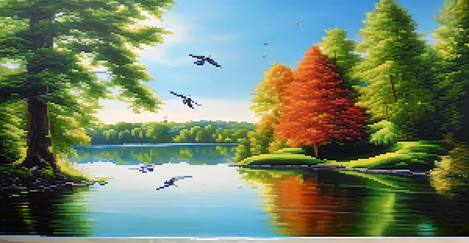 A peaceful virtual reality landscape featuring a serene lake surrounded by trees and a clear blue sky, suggesting a tranquil atmosphere.