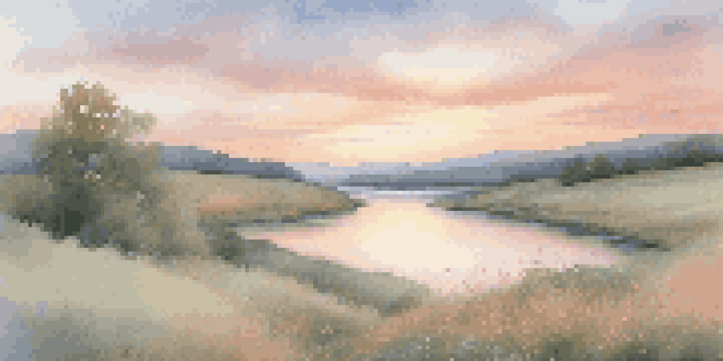 A tranquil landscape with rolling hills, a calm river, and delicate wildflowers under a pastel sunrise sky.