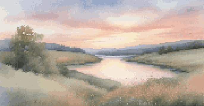 A tranquil landscape with rolling hills, a calm river, and delicate wildflowers under a pastel sunrise sky.
