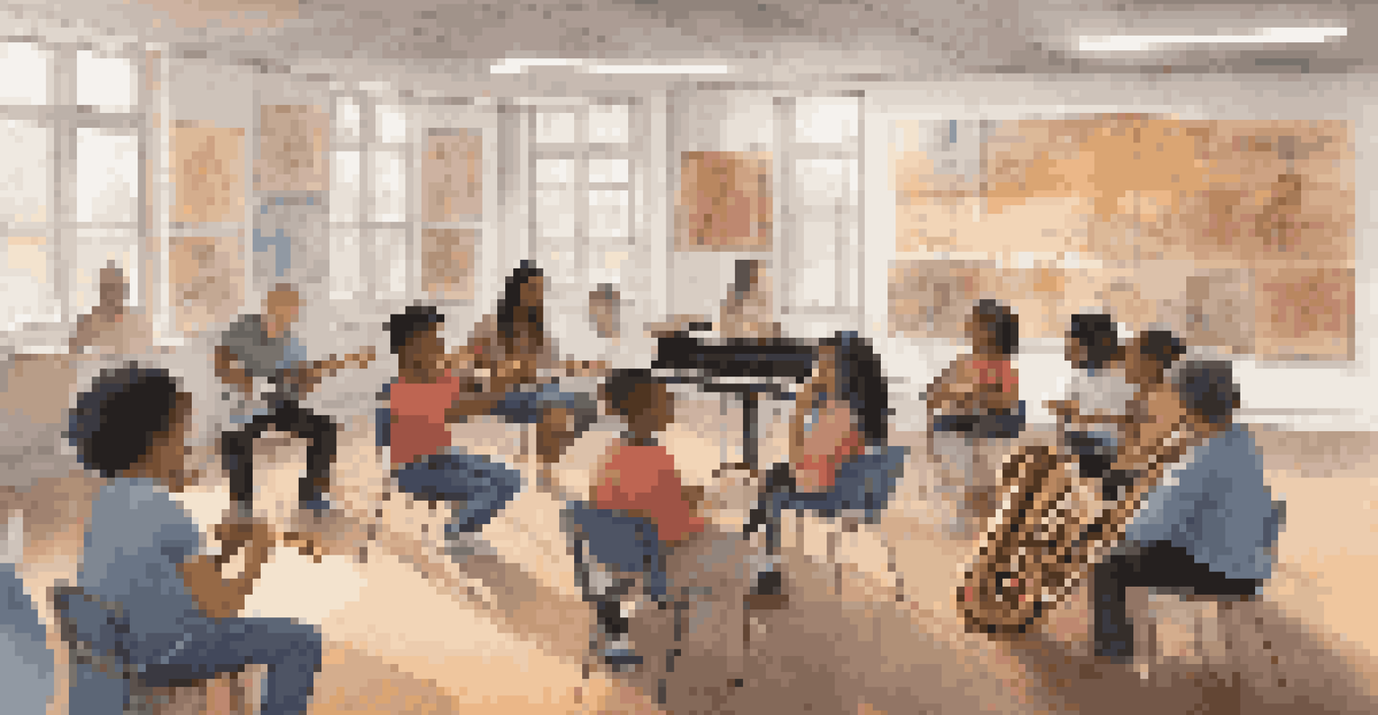 A diverse classroom where students are engaged in music education, with posters on cultural diversity and social justice.