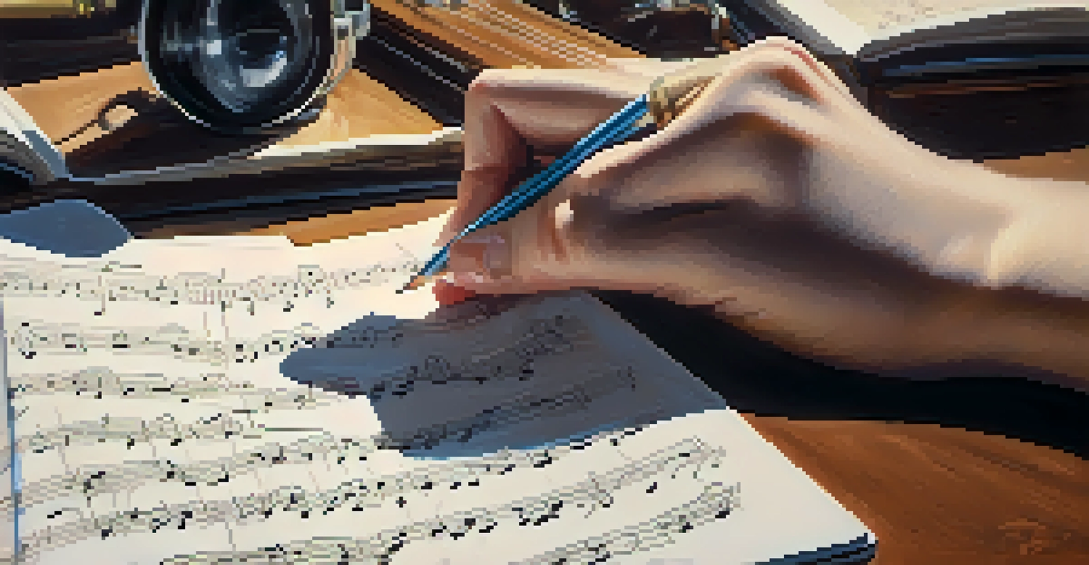 A student's hands writing in a reflective journal about their music journey, with sheet music and a pencil nearby.