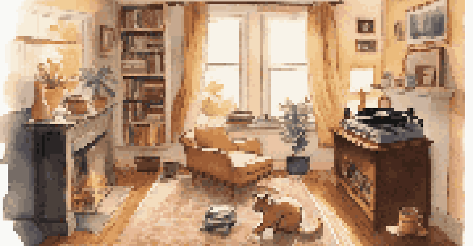 A warm and inviting living room featuring a vintage record player, scattered vinyl records, family photos on the wall, and a napping cat on the windowsill.