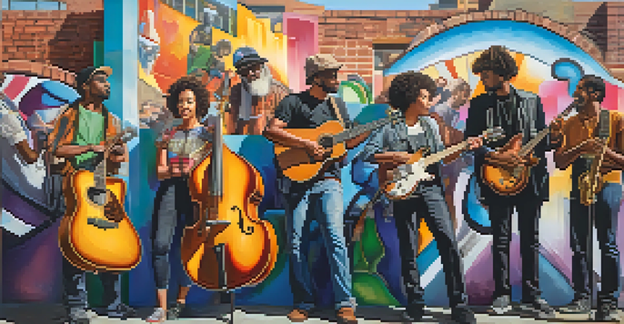 A diverse group of musicians performing protest songs in front of a colorful graffiti wall, with various instruments and a lively crowd.