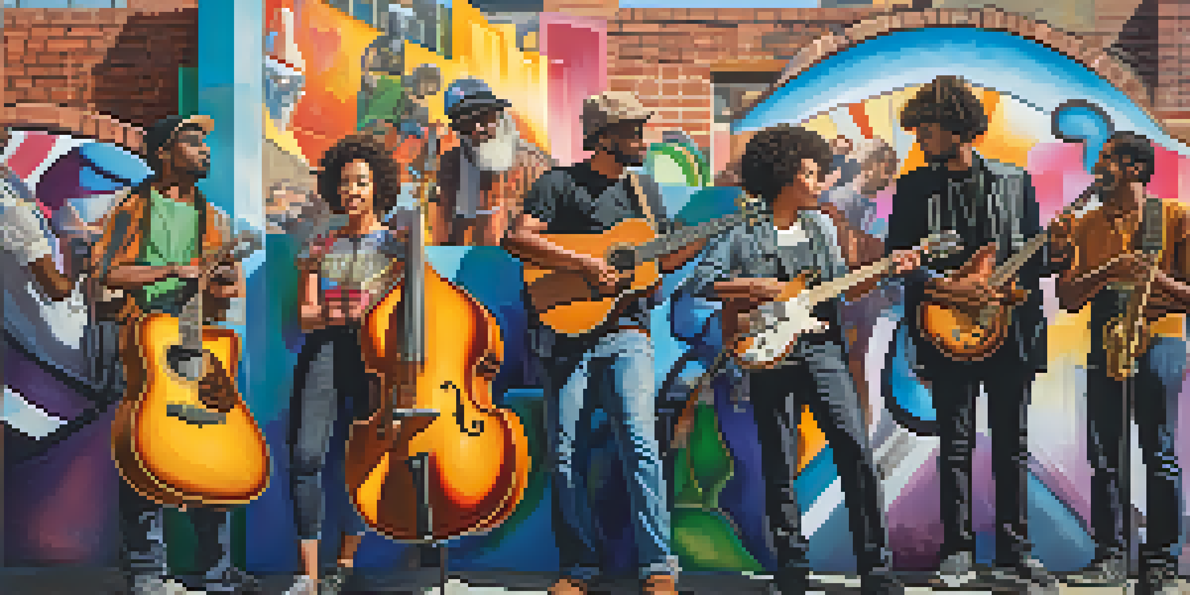 A diverse group of musicians performing protest songs in front of a colorful graffiti wall, with various instruments and a lively crowd.