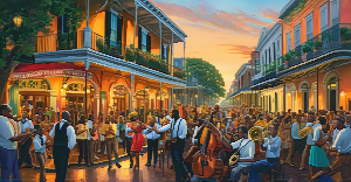 A lively street scene in New Orleans with diverse musicians playing jazz and Cajun music, surrounded by colorful banners and historic buildings.