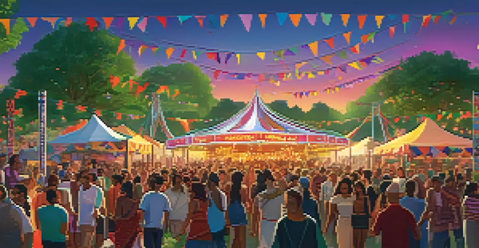 A lively outdoor music festival with a diverse crowd dancing at sunset, featuring colorful lights and food stalls.