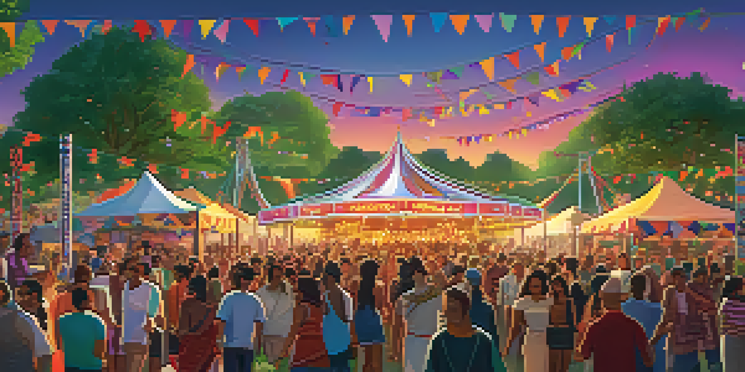 A lively outdoor music festival with a diverse crowd dancing at sunset, featuring colorful lights and food stalls.