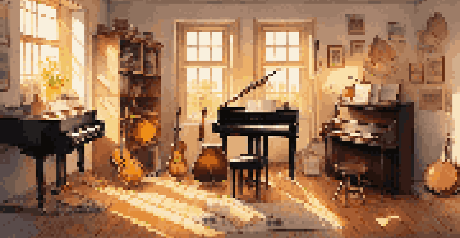 A cozy room with various musical instruments, sunlight streaming in, and personal items creating a warm and creative atmosphere.