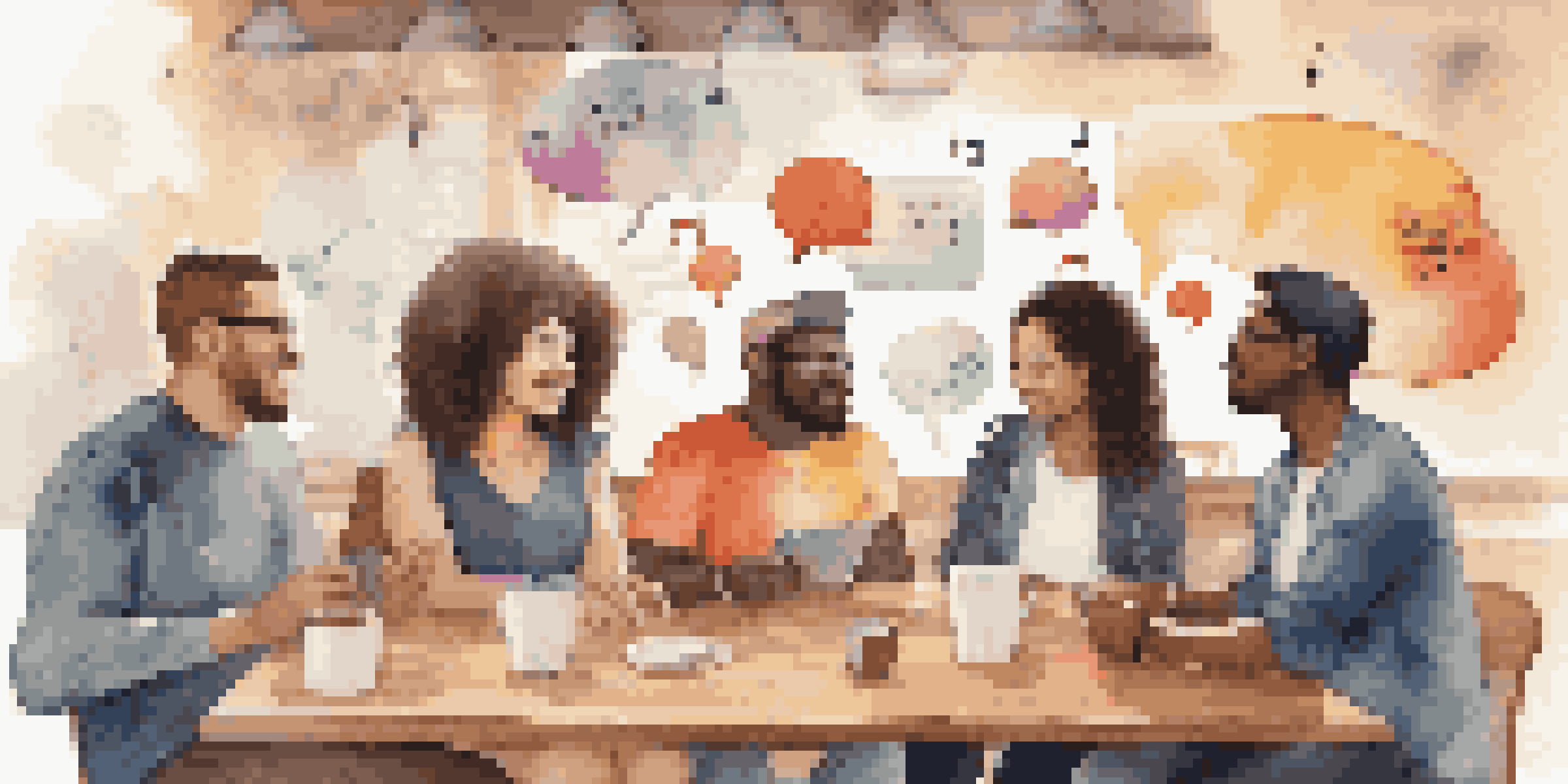 A diverse group of individuals discussing music apps in a cozy café, with colorful speech bubbles illustrating music-related icons.
