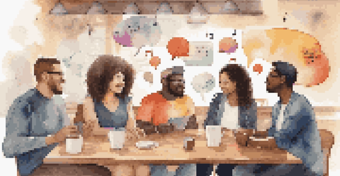 A diverse group of individuals discussing music apps in a cozy café, with colorful speech bubbles illustrating music-related icons.