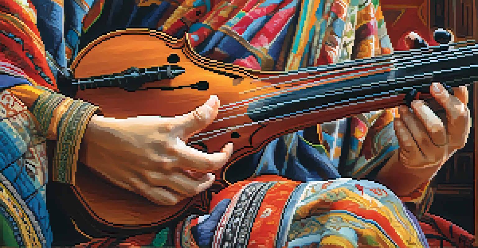 Close-up of hands playing a traditional string instrument with colorful textiles in the background.