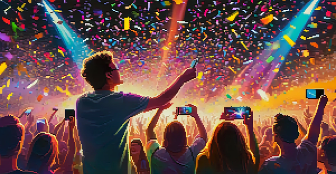 A lively concert with an artist on stage, colorful lights, and an excited crowd enjoying the performance.