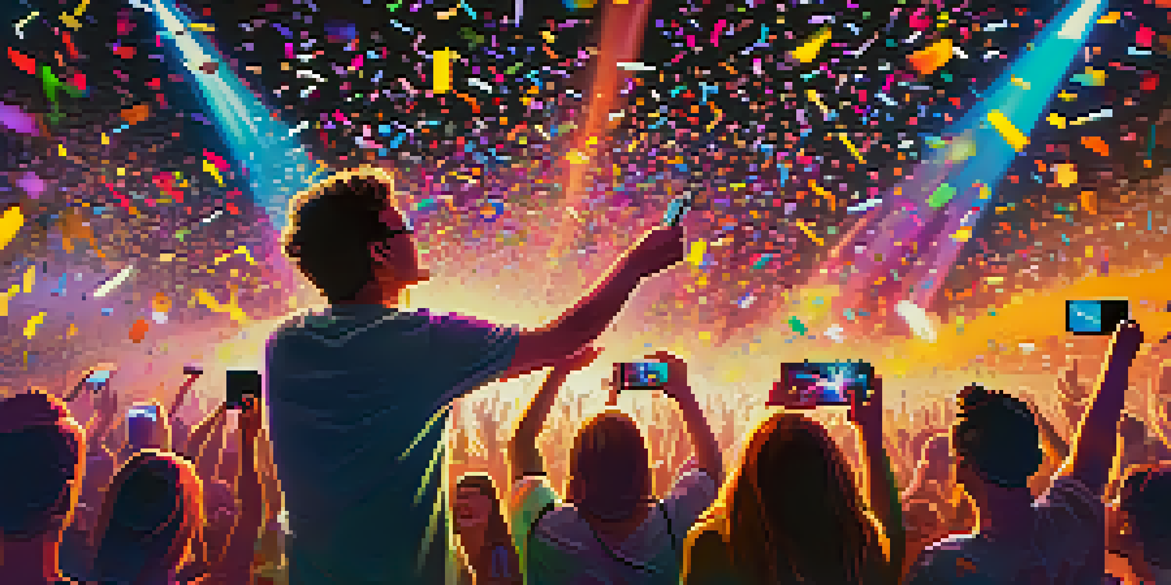 A lively concert with an artist on stage, colorful lights, and an excited crowd enjoying the performance.