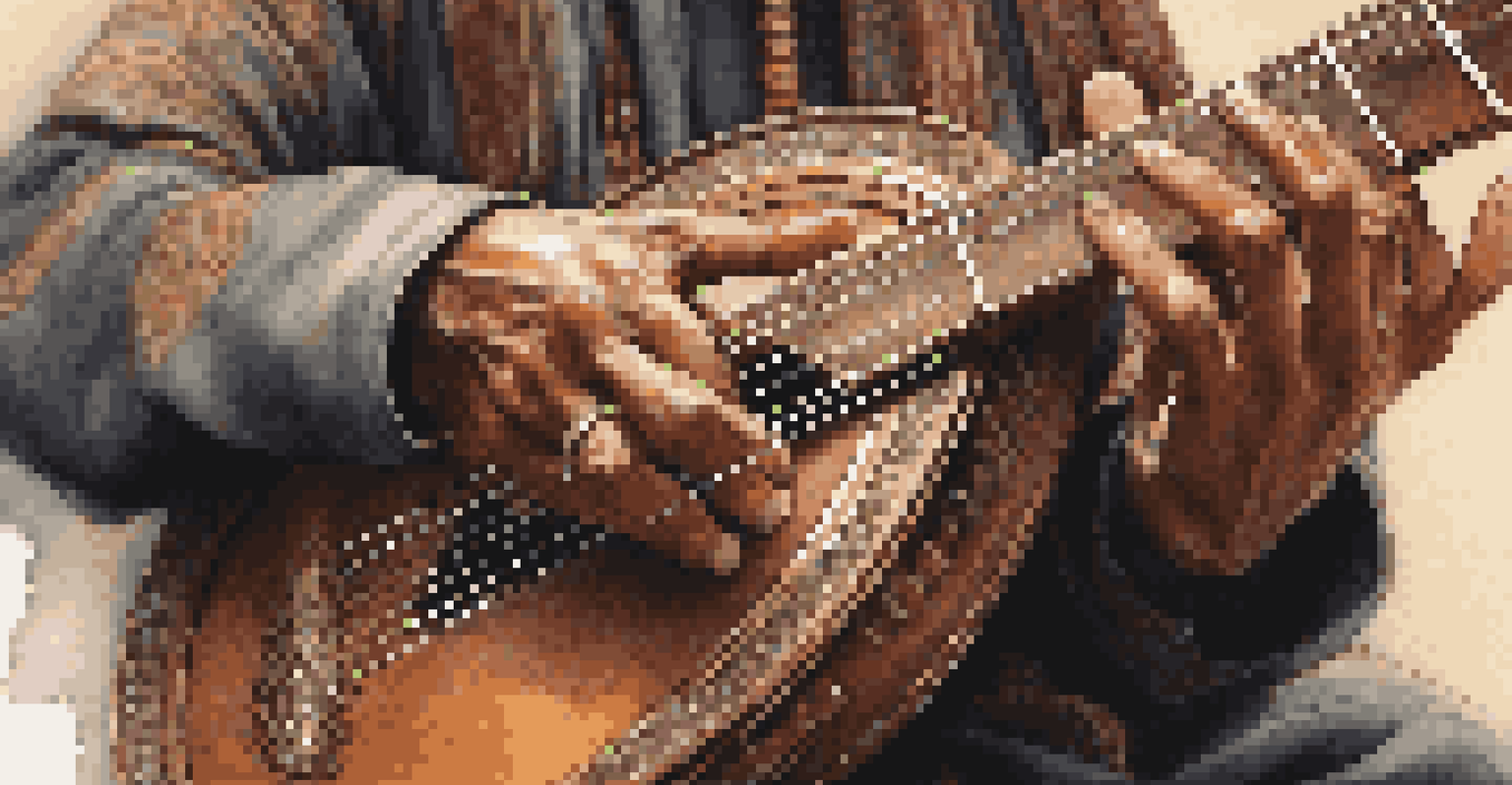 A close-up of hands skillfully playing a traditional instrument, showcasing intricate details and textures, with a softly blurred background.