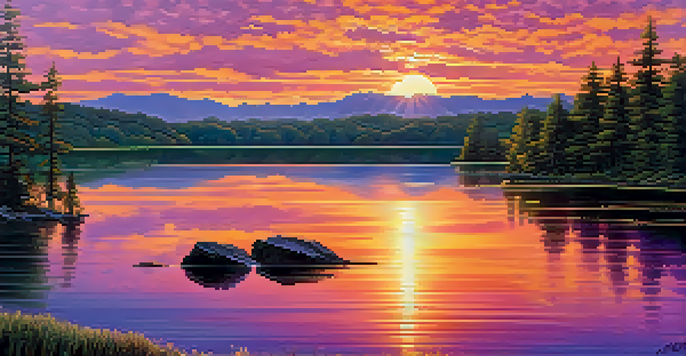 A beautiful sunset over a calm lake surrounded by green trees, with colorful reflections in the water.