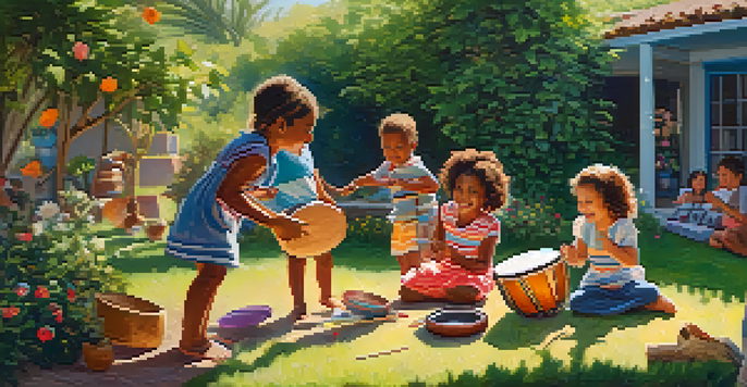 Children joyfully playing with musical instruments in a sunny backyard filled with greenery and flowers.