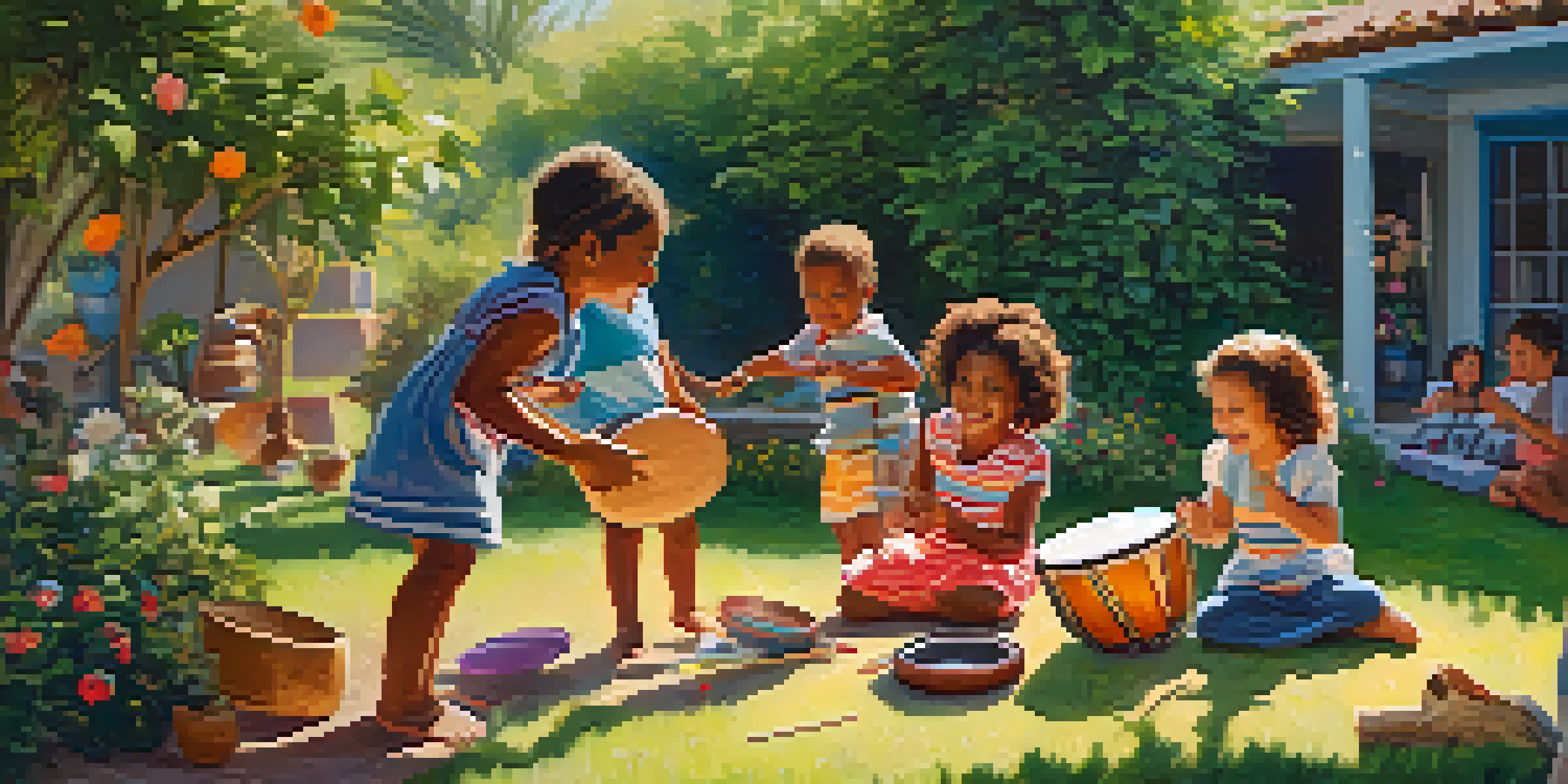 Children joyfully playing with musical instruments in a sunny backyard filled with greenery and flowers.