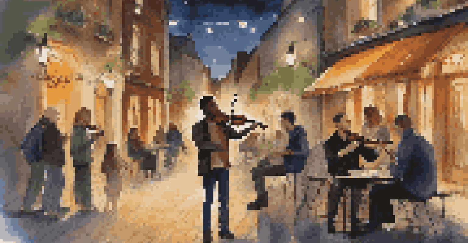 A young man playing electric violin under warm streetlights, with a captivated audience around him on a cobblestone street.