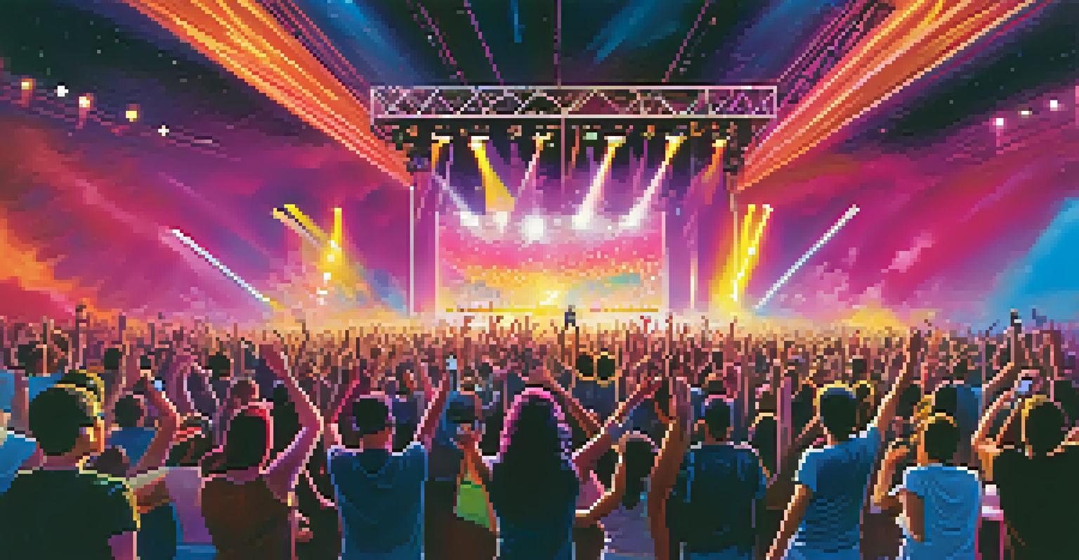 A lively concert with a crowd dancing under colorful stage lights and musicians playing electric instruments.