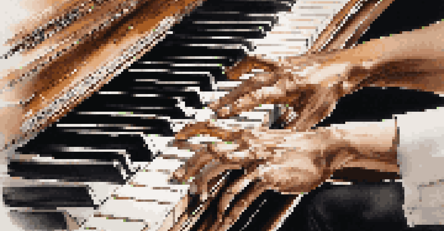 Close-up of hands playing a grand piano, showcasing the elegant keys and polished wood, with sheet music in the background.
