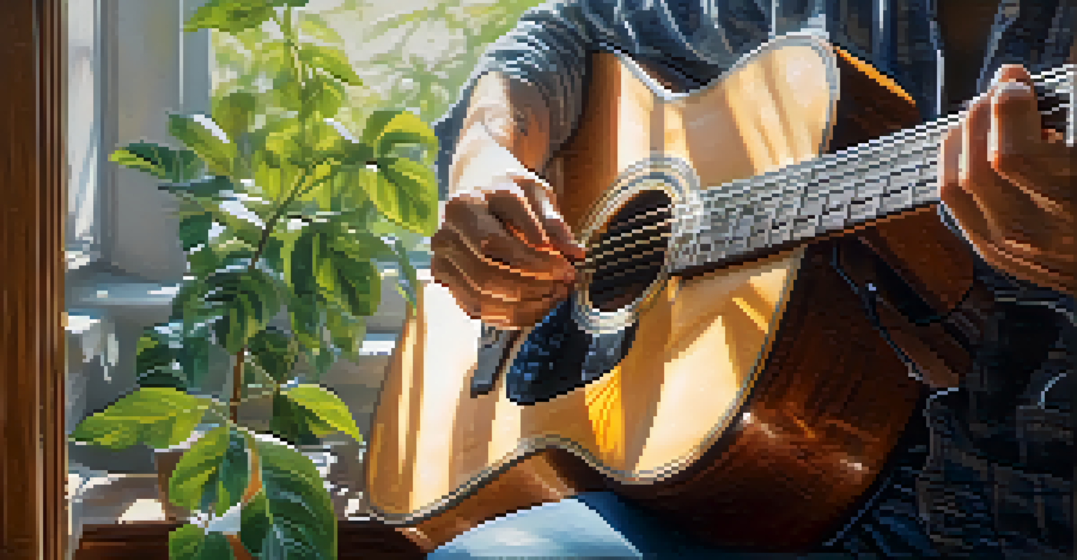 Close-up of a musician's hands playing an acoustic guitar, with soft natural light and a cozy background.