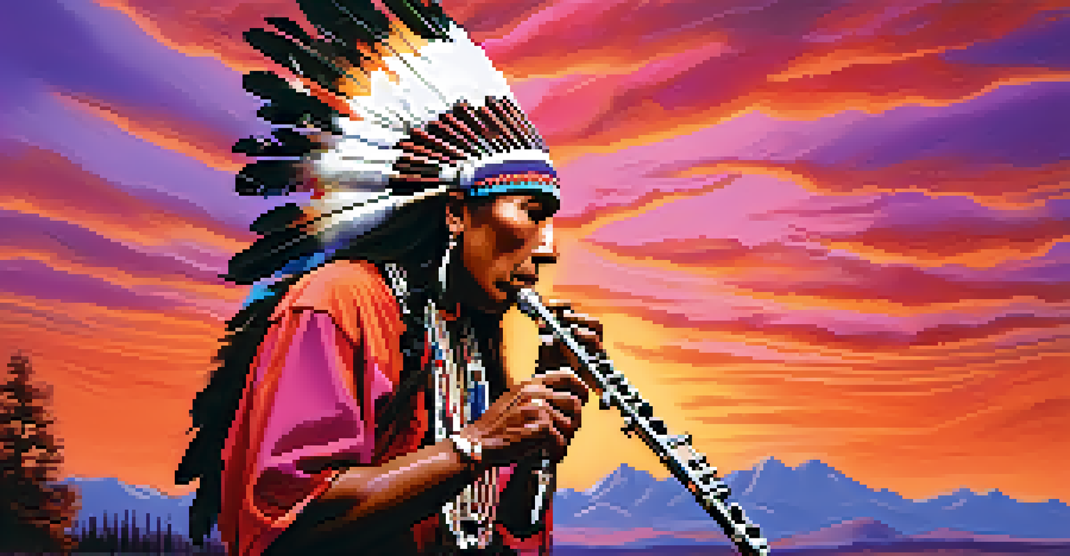 A Native American flute player silhouetted against a colorful sunset with mountains in the background.