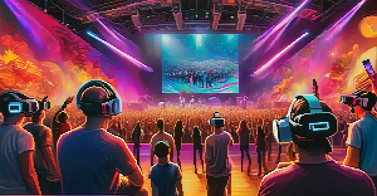 An audience enjoying a virtual reality concert with colorful visual effects and animated musical elements.