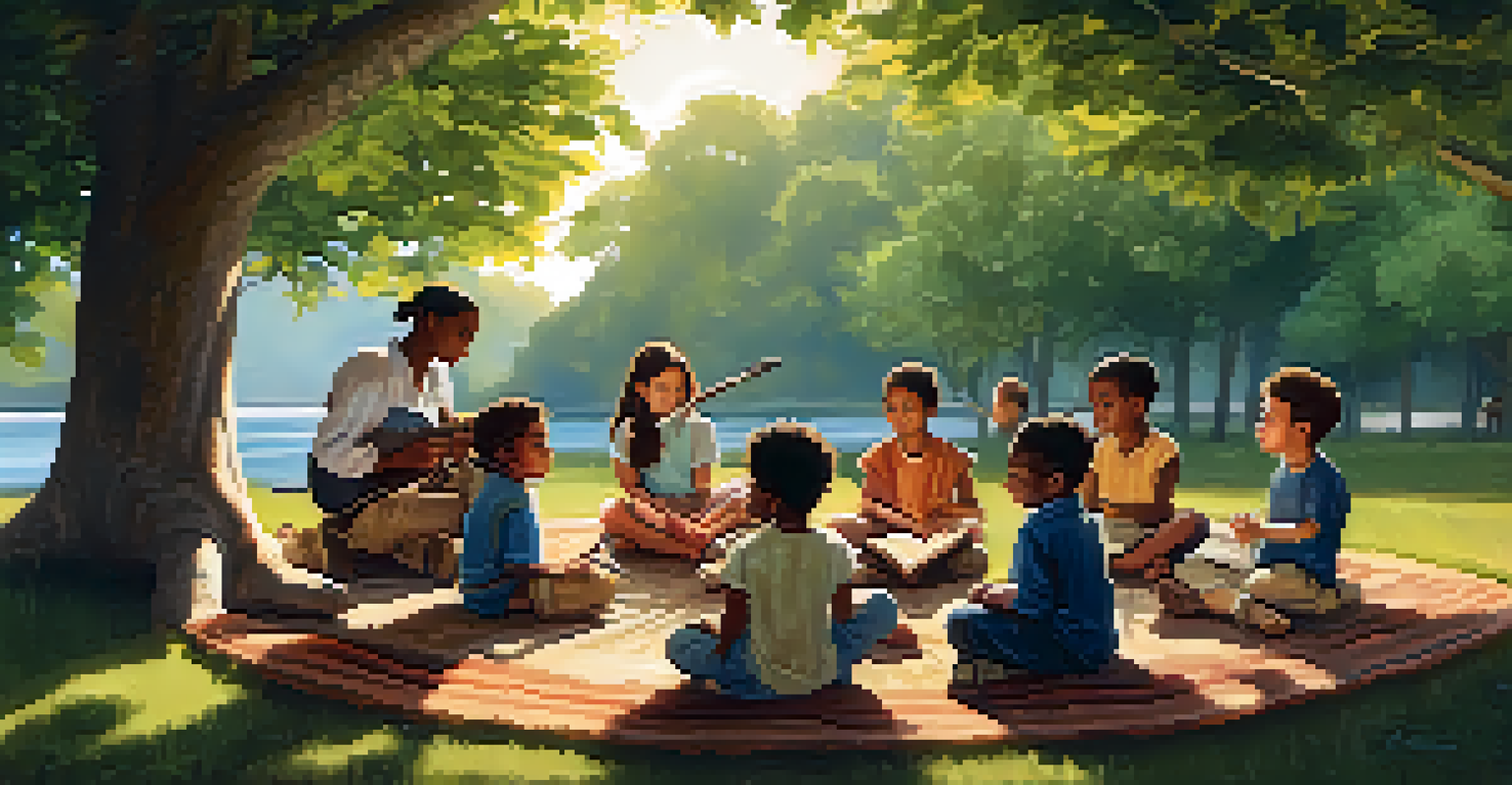 Children sitting in a circle under a tree, engaged in a musical storytelling session, surrounded by nature.