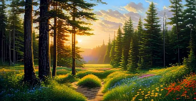 A vibrant sunset over a lush green forest with golden light filtering through the trees and colorful wildflowers in the foreground.