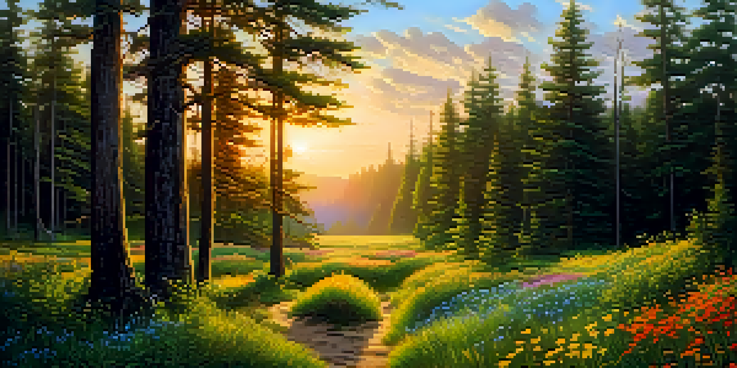 A vibrant sunset over a lush green forest with golden light filtering through the trees and colorful wildflowers in the foreground.