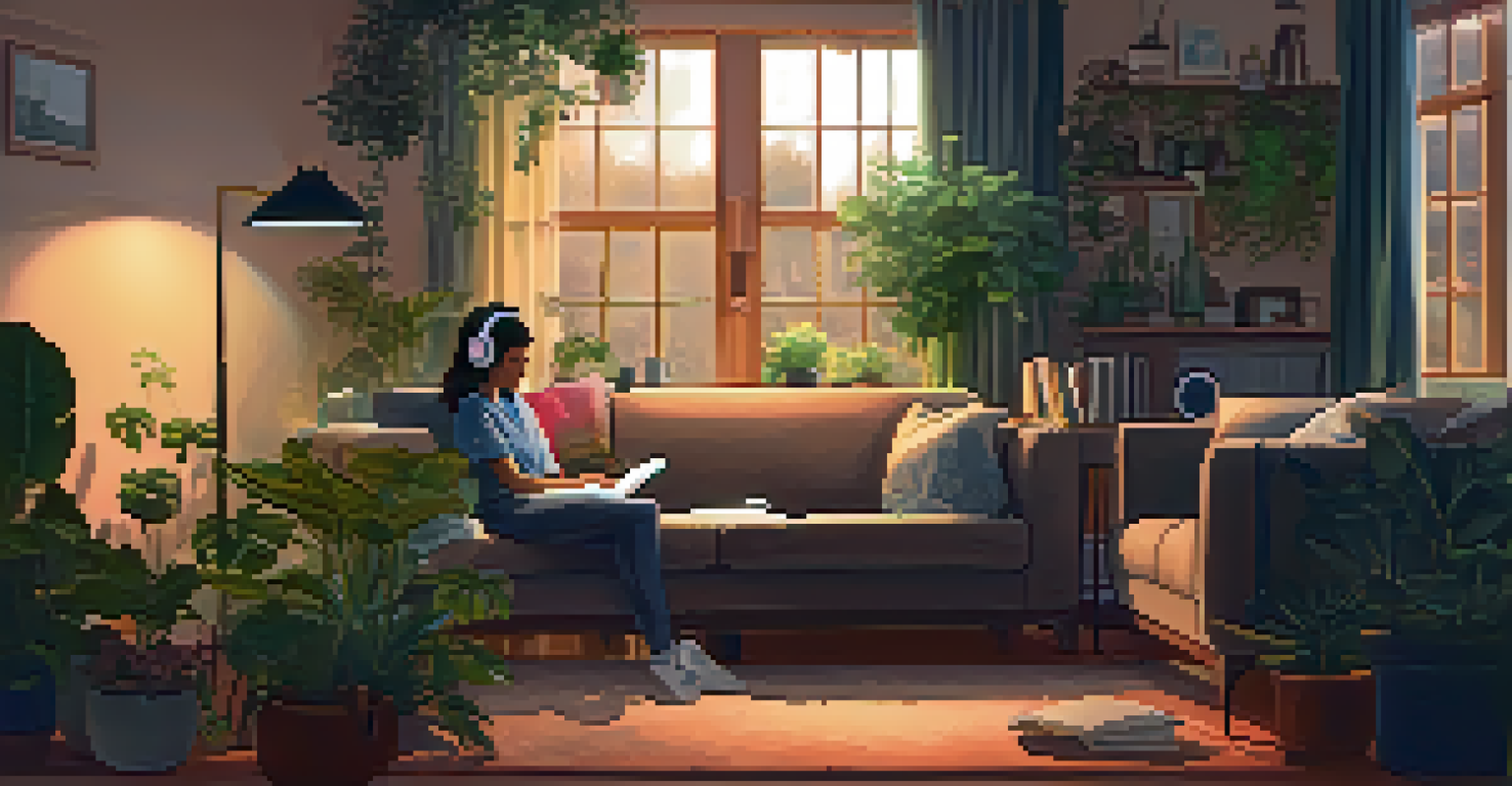 A cozy room with a person listening to music on a couch, surrounded by plants and soft lighting, creating a warm atmosphere.