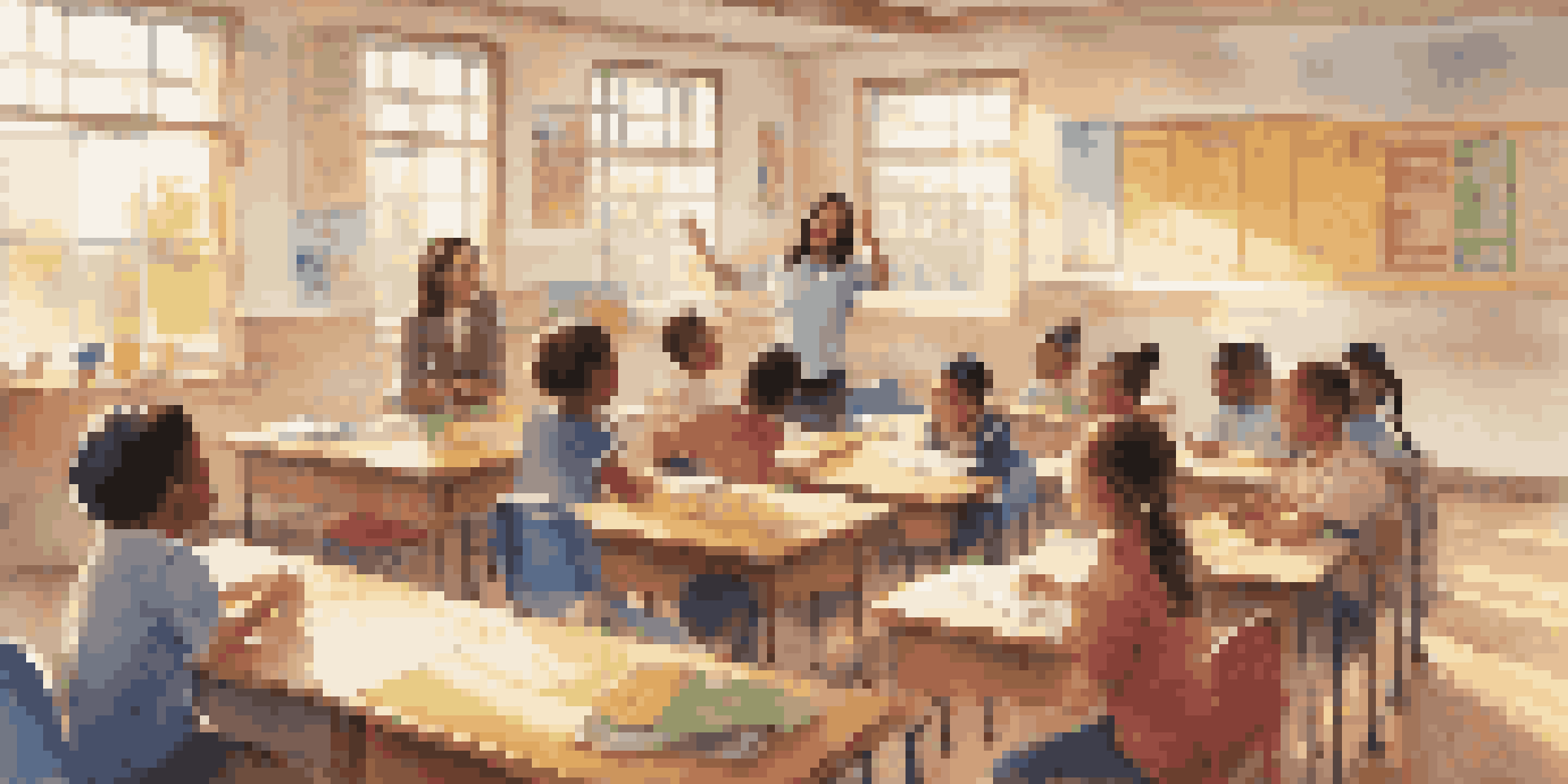 A bright classroom scene with a smiling teacher and engaged students showing diverse emotions, decorated with educational posters and musical instruments.