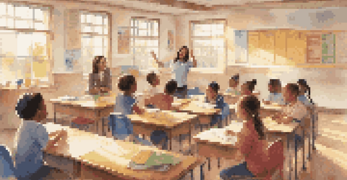 A bright classroom scene with a smiling teacher and engaged students showing diverse emotions, decorated with educational posters and musical instruments.