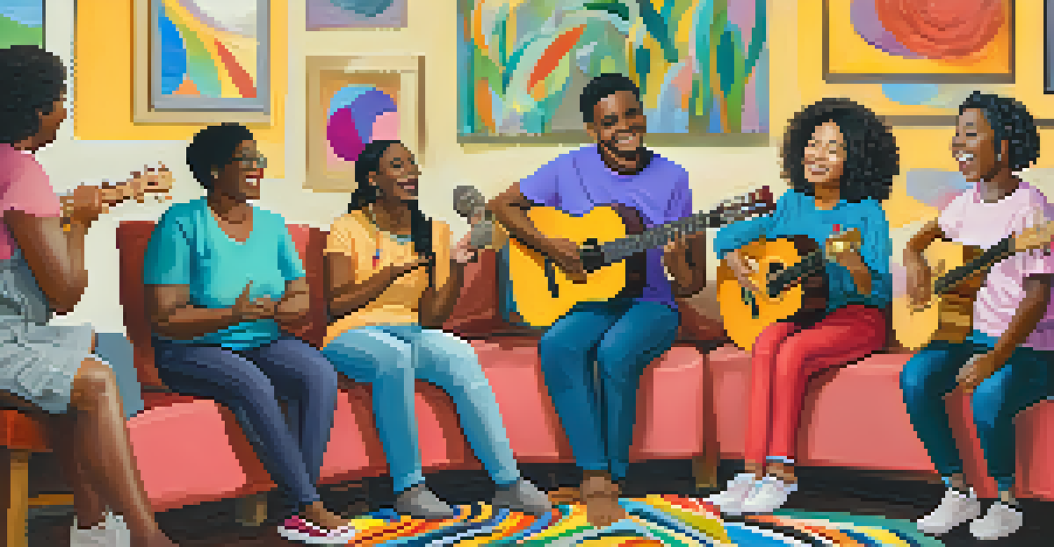 A diverse group of individuals participating in a music therapy session, clapping and smiling as a therapist plays guitar.