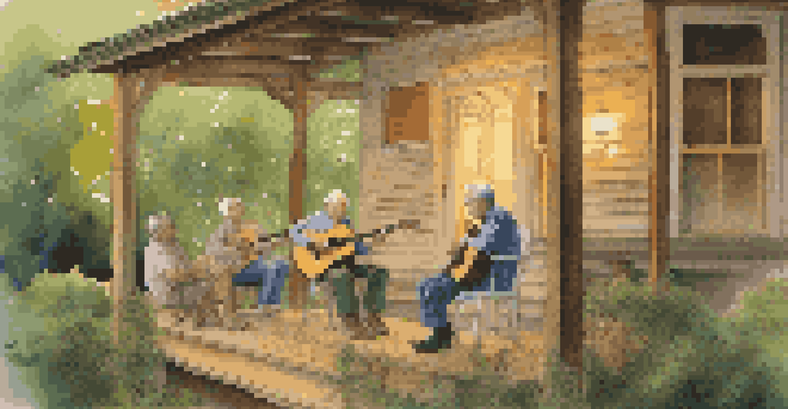An elderly man playing an acoustic guitar on a porch, with family members listening intently as the sunset casts a warm glow.