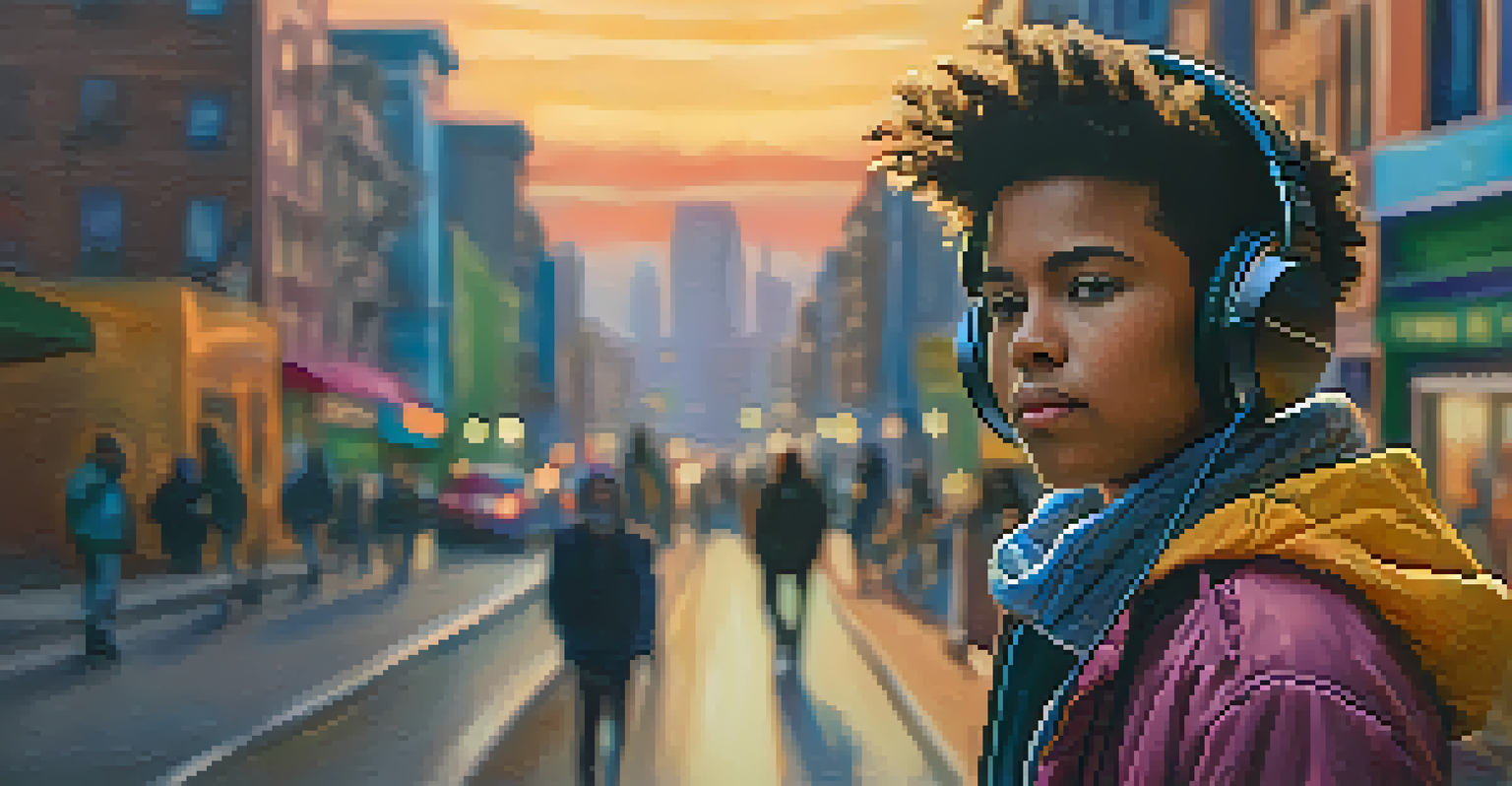 A young person wearing headphones, lost in their music, with a colorful cityscape in the background.