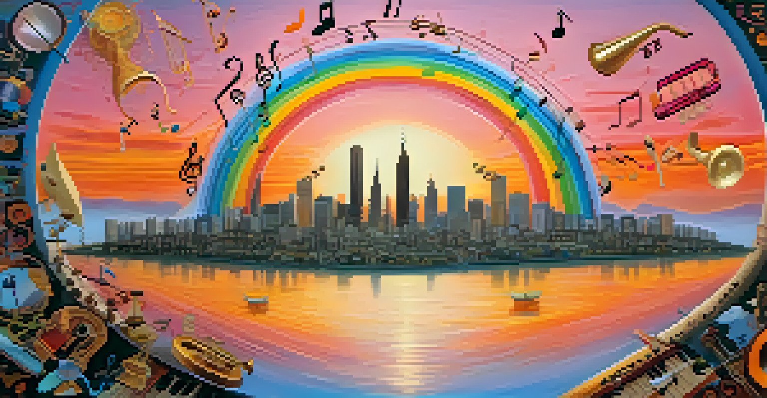 A whimsical landscape of musical instruments arranged in a circle, symbolizing the Circle of Fifths, with colorful sound waves and a sunset sky.