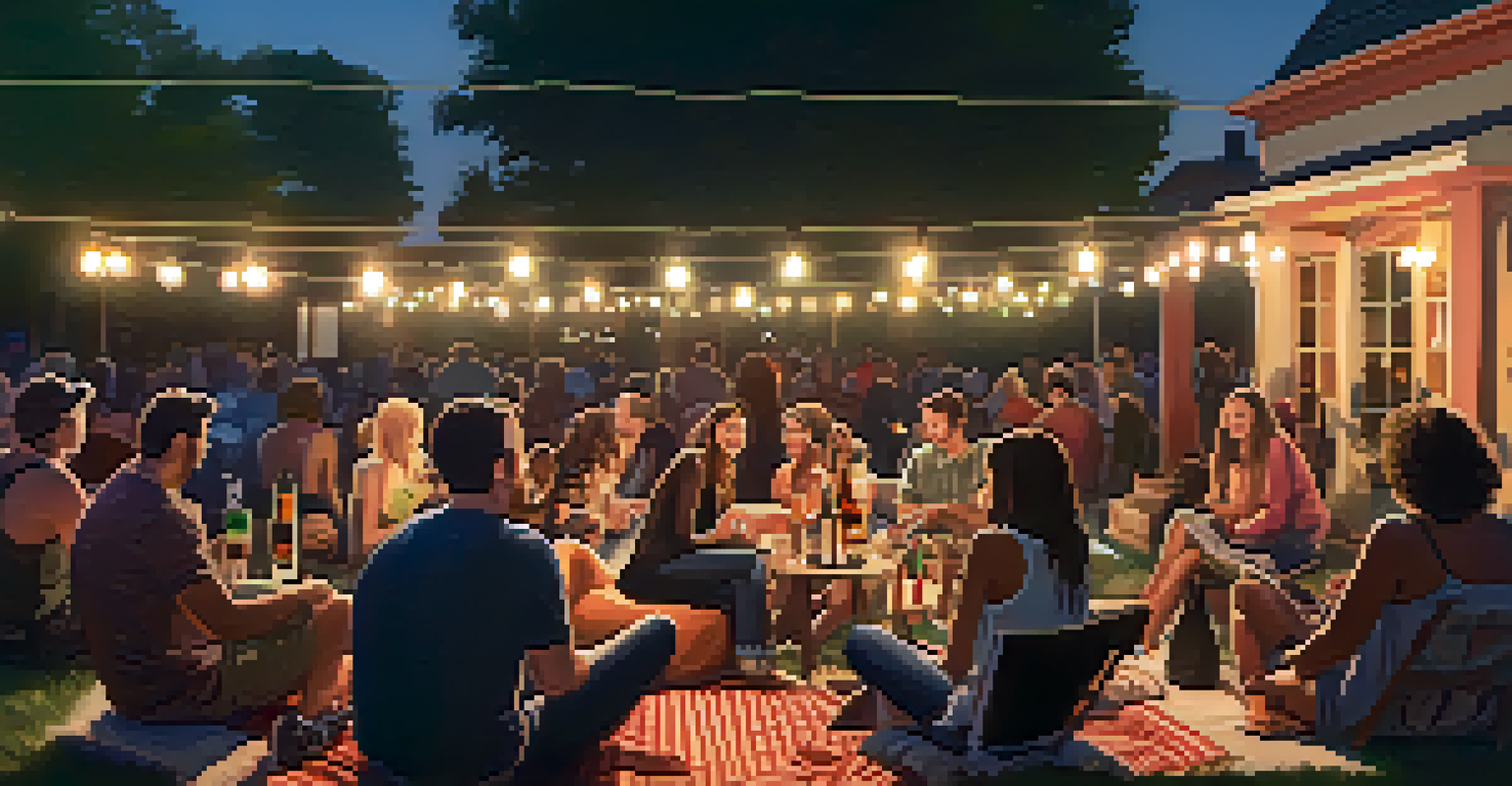 Festival-goers relaxing on blankets with craft beverages, surrounded by string lights and enjoying live music.
