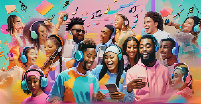 A colorful digital collage representing TikTok's impact on music, featuring musicians and influencers with smartphones and musical notes.