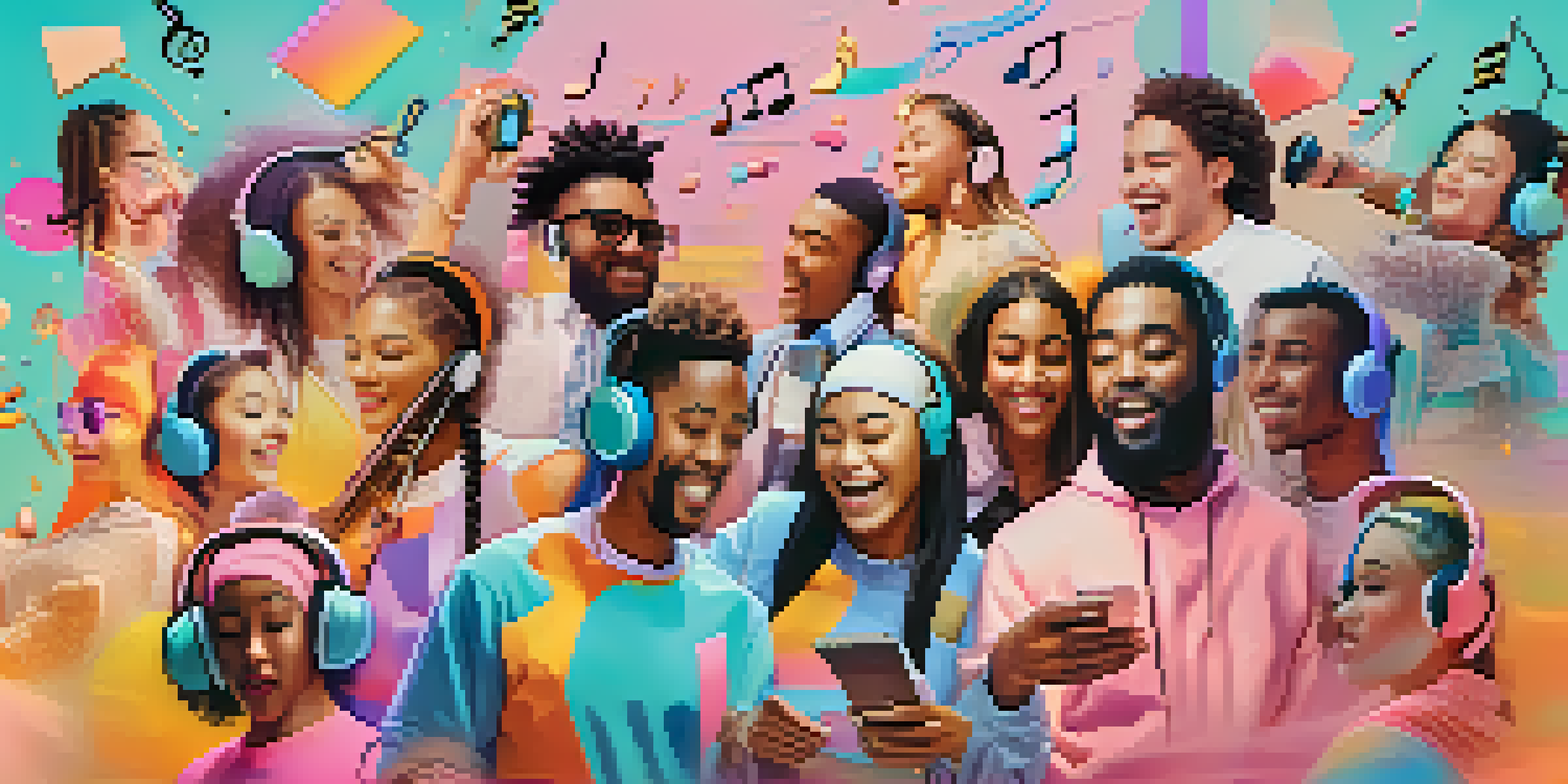 A colorful digital collage representing TikTok's impact on music, featuring musicians and influencers with smartphones and musical notes.