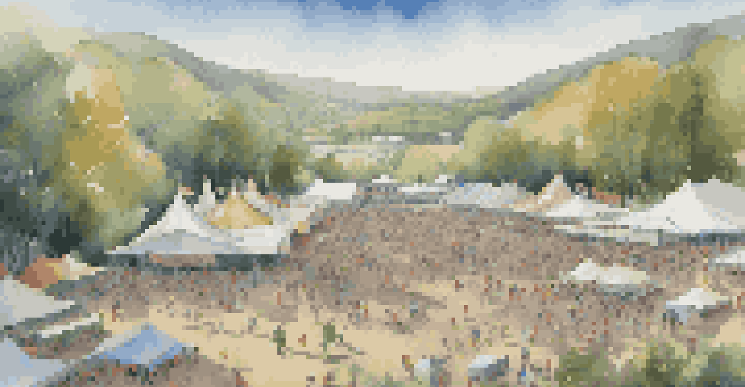 An aerial view of a bustling music festival with tents, stages, and festival-goers.
