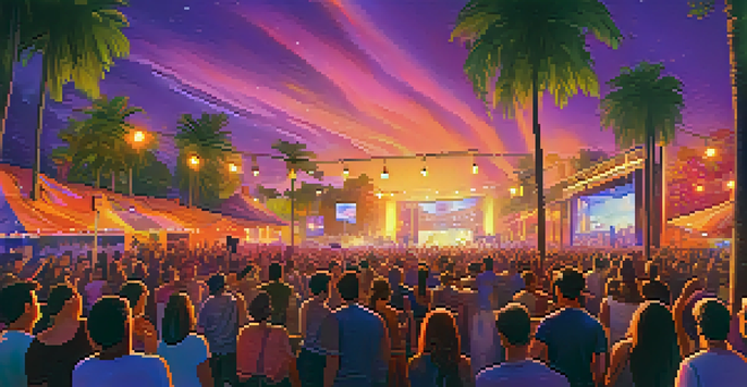 A lively outdoor music festival at sunset with a diverse crowd enjoying performances and colorful lights.