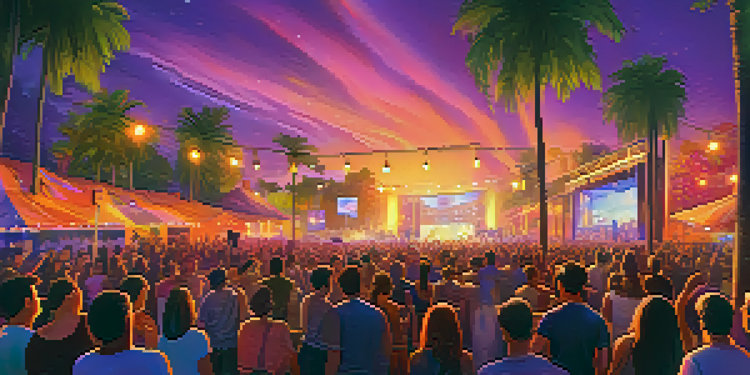 A lively outdoor music festival at sunset with a diverse crowd enjoying performances and colorful lights.