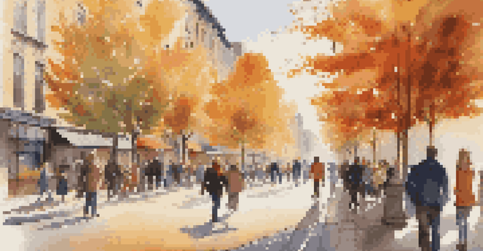 A busy city street in autumn with colorful trees and people walking.