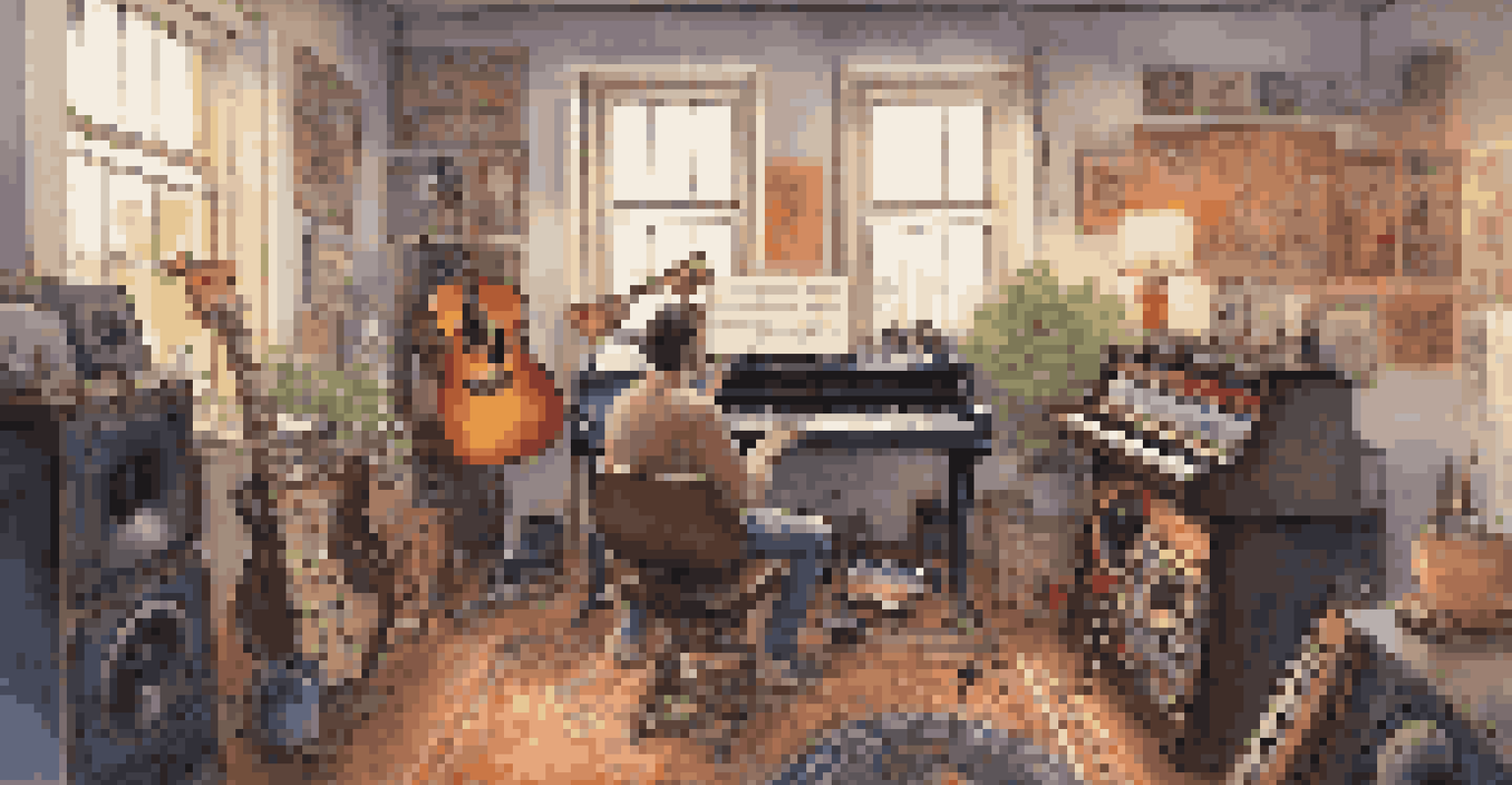 A musician in a cozy studio creating NFT artwork on a digital tablet, surrounded by instruments and artwork.
