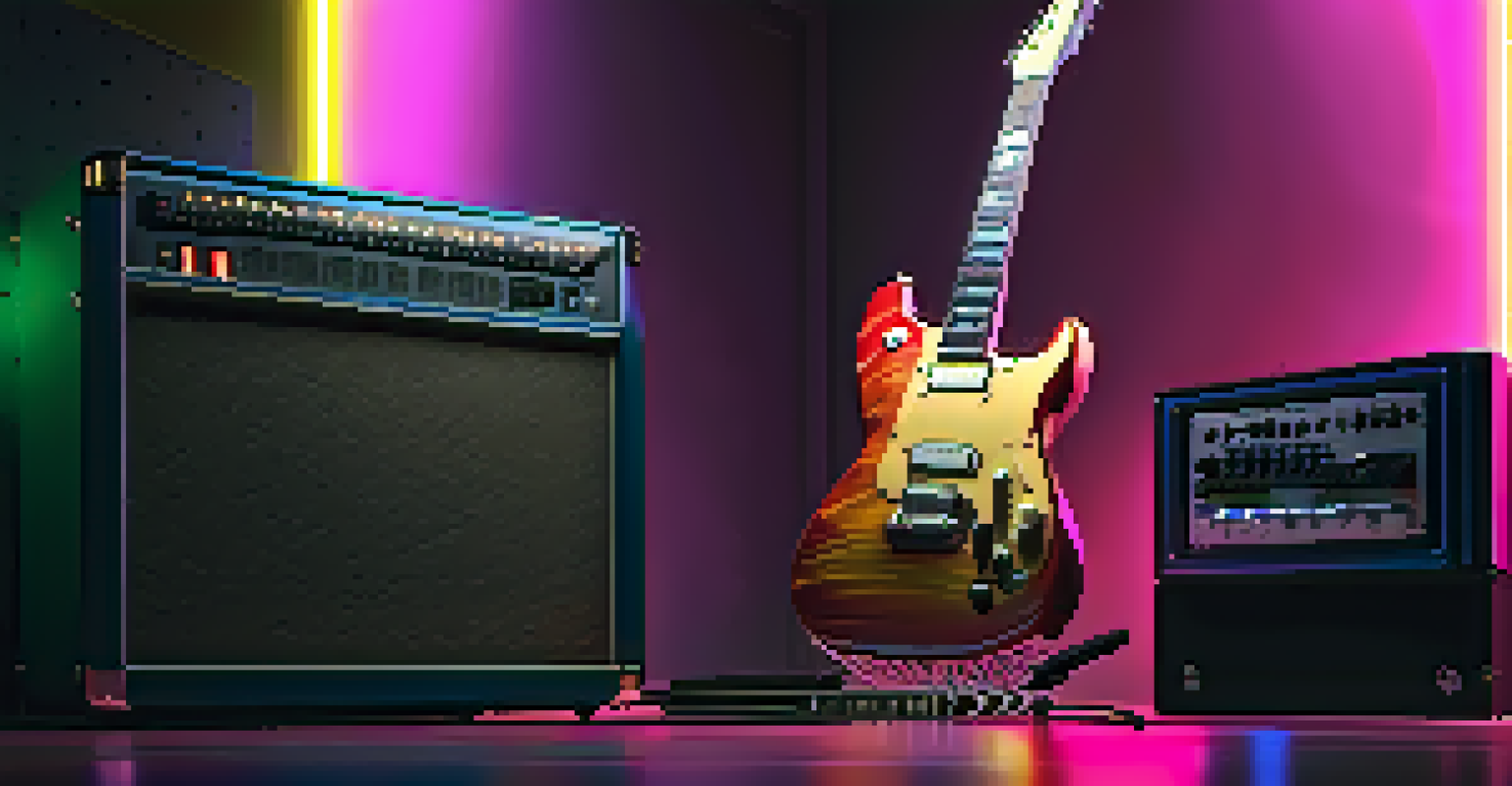 An electric guitar on a stylish amplifier in a dimly lit music studio, with neon lights reflecting off its surface.
