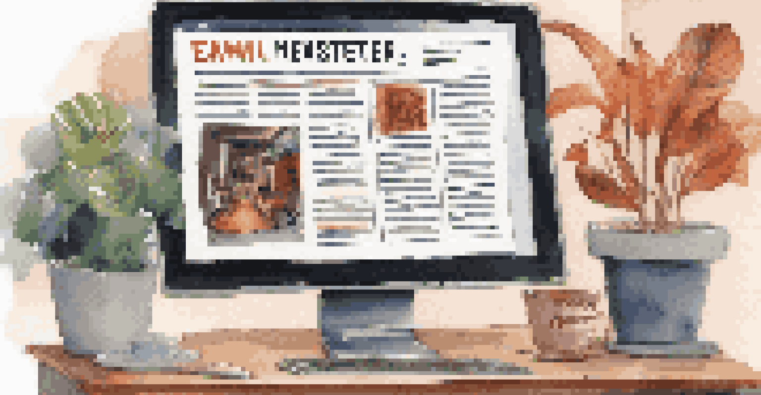 An artistic workspace with a computer showing an email newsletter for a musician, decorated with music-themed items and a coffee cup.